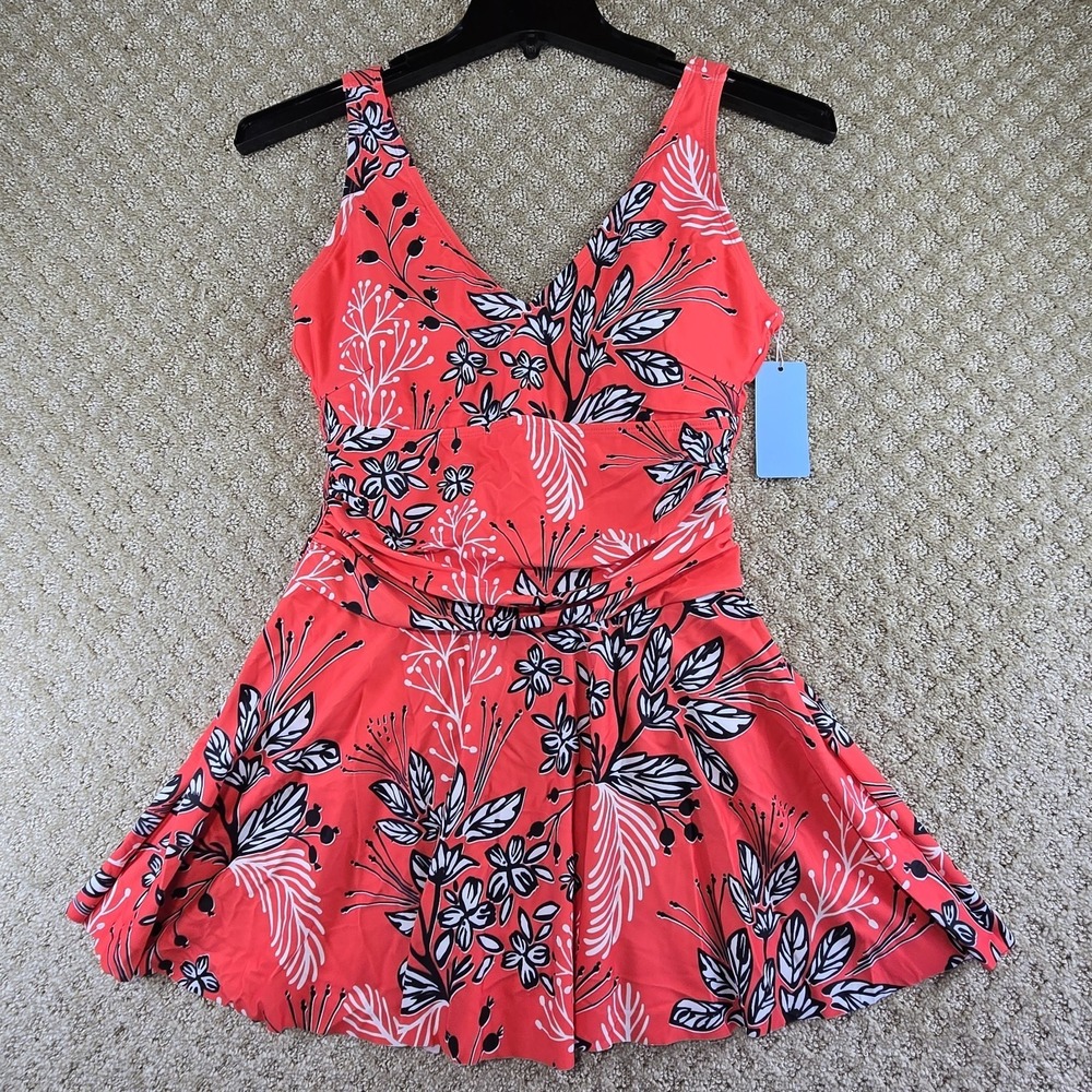 Yonique Swim Dress One Piece Swimsuit Women's Medium Coral Floral NWT